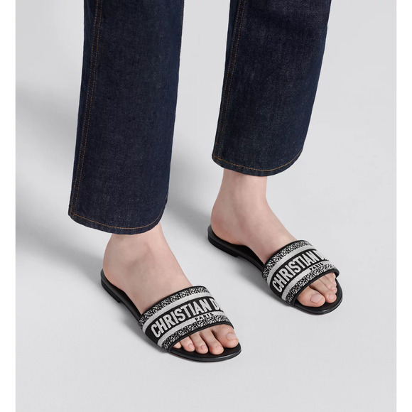 DIOR Dway Embroidered Christian Dior Cotton Slide Flat Sandals Black Women's 38 - Picture 2 of 8